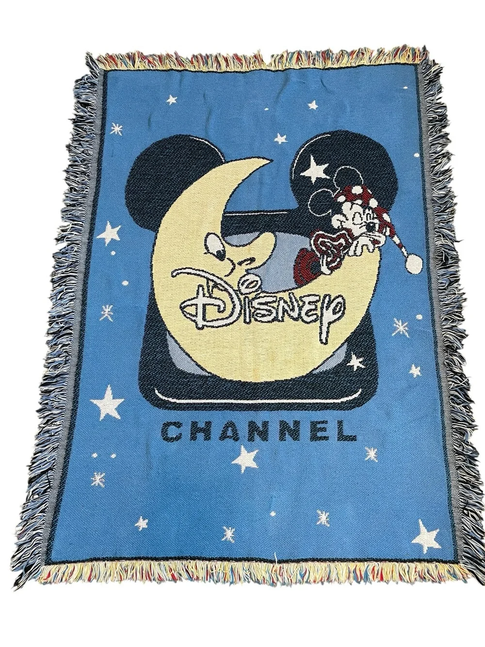 Vintage Disney Channel Minnie Mouse Moon Woven Throw Blanket Fringe Cotton USA